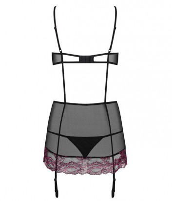 Комплект Obsessive Sedusia corset черный с розовой вышивкой