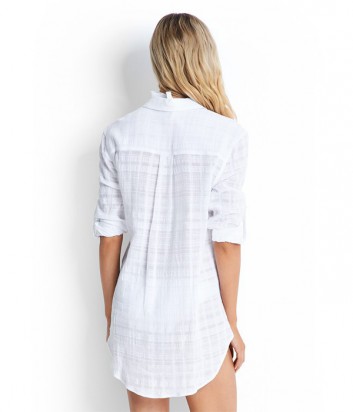 Легкая длинная рубашка Seafolly Textured Dobby Stripe из хлопка белая