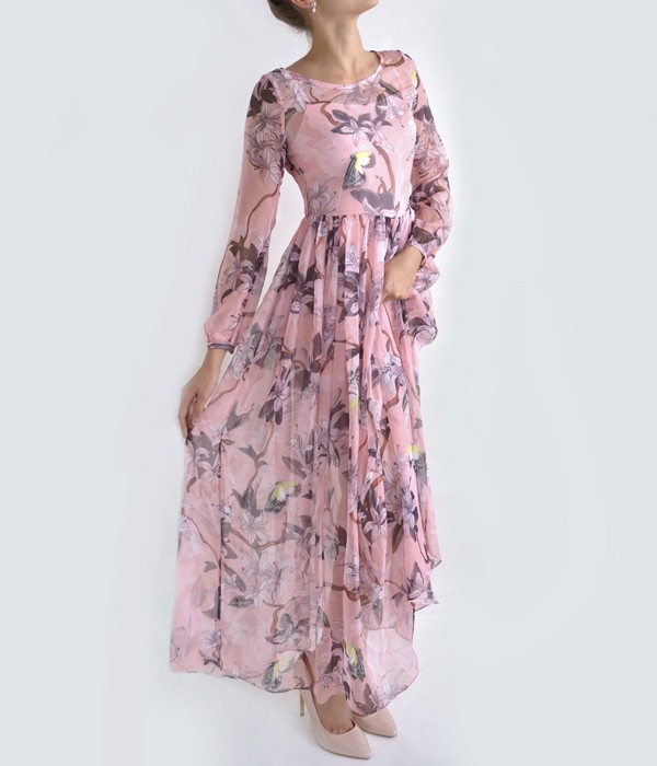 Шелковое платье в пол Babylon с цветочным принтом розовое