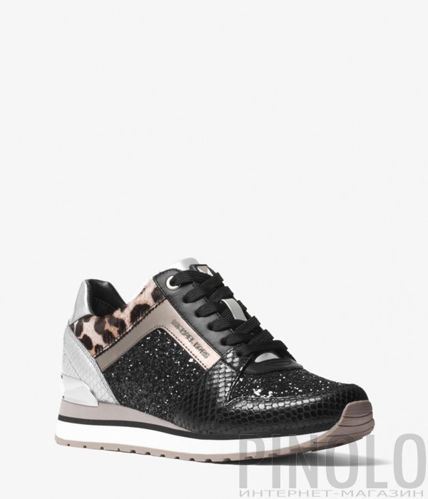 Кожаные кроссовки Michael Kors Billie с глиттерными вставками черные