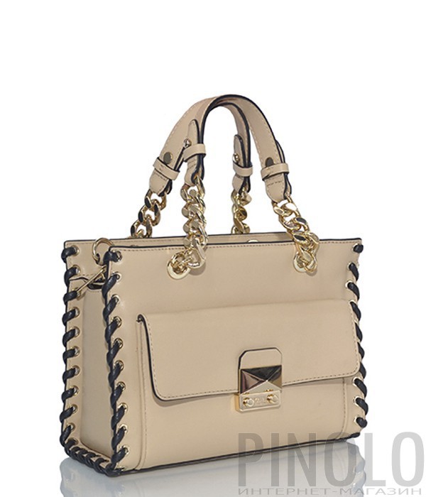 Кожаная сумка Karl Lagerfeld Whipstitch с внешним карманом бежевая