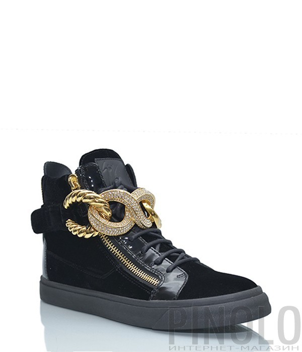 Черные замшевые ботинки Giuseppe Zanotti декорированные золотыми цепями