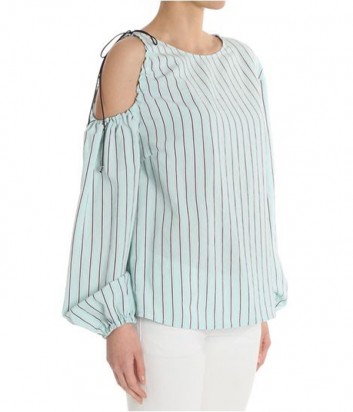 Блуза с открытым плечом PINKO в мелкую полоску голубая
