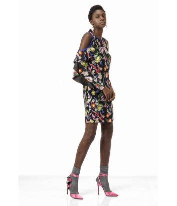 Платье с открытым плечом PINKO черное с ярким цветочным принтом