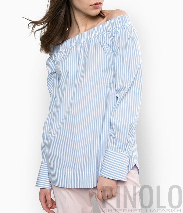 Рубашка PINKO с открытыми плечиками в бело-голубую полоску