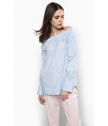 Рубашка PINKO с открытыми плечиками в бело-голубую полоску