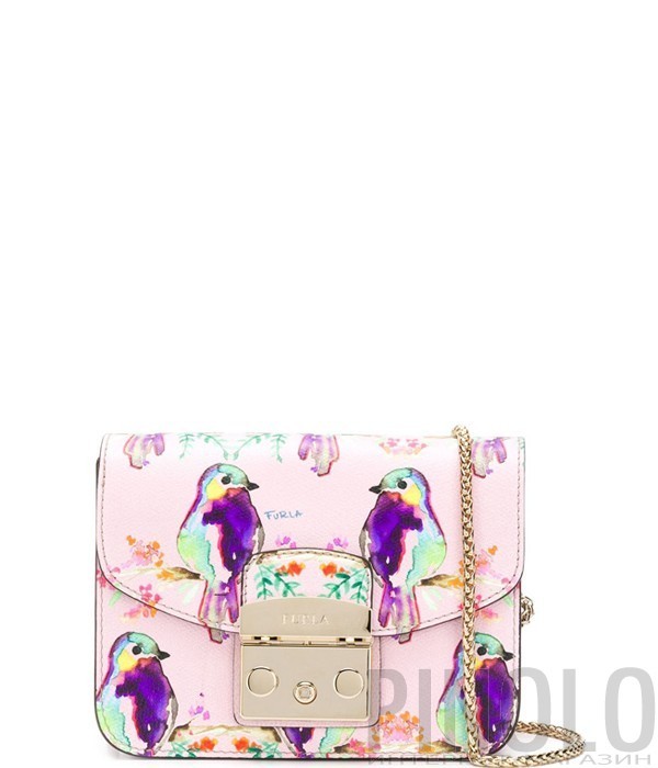 Маленькая кожаная сумка Furla Metropolis 962530 розовая с принтом птиц