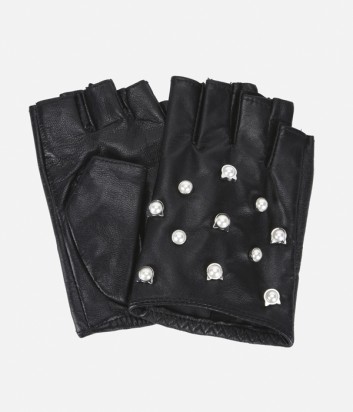Черные кожаные митенки Karl Lagerfeld декорированные жемчужинами