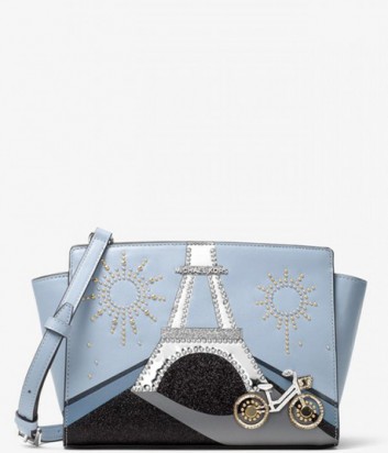Нежно-голубая кожаная сумка Michael Kors Selma с изображением Парижа