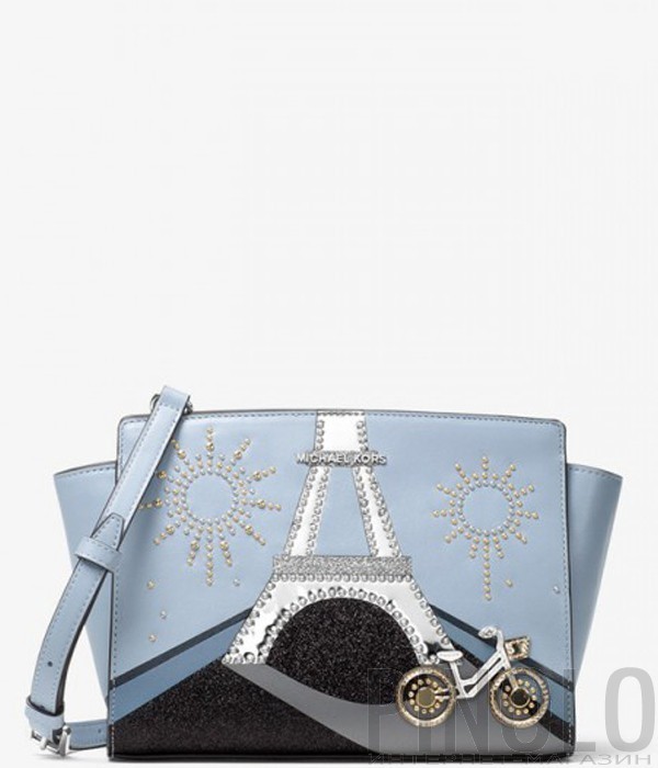Нежно-голубая кожаная сумка Michael Kors Selma с изображением Парижа