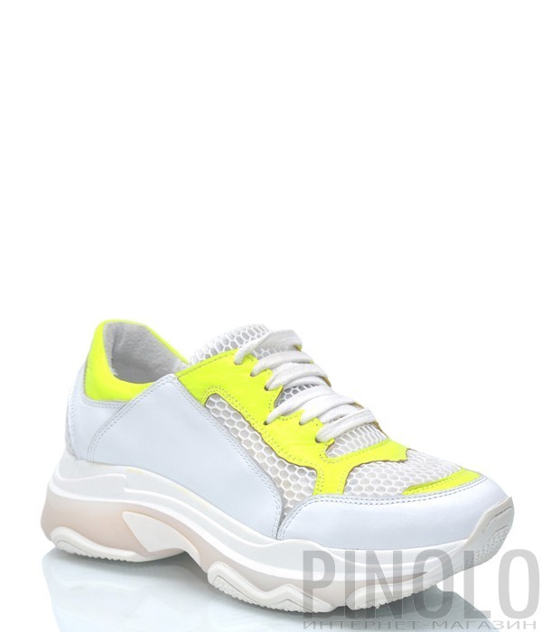 Белые кожаные кроссовки Charme 9557 с желтыми вставками
