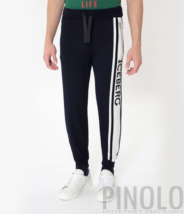 Спортивные шерстяные штаны ICEBERG синие с белым лампасами и логотипом