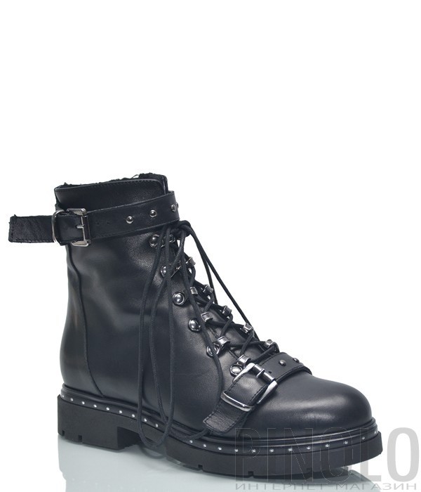 Черные кожаные ботинки L'estrosa ES16 на шнуровке с заклепками