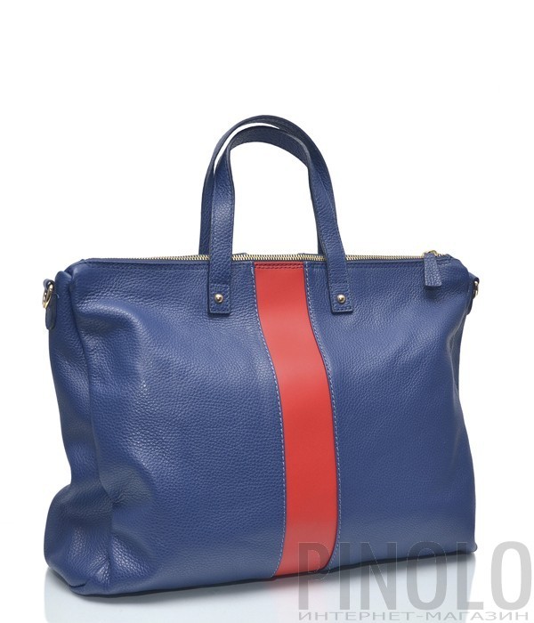 Синяя кожаная сумка Leather Country 4092733 с вертикальной красной полоской
