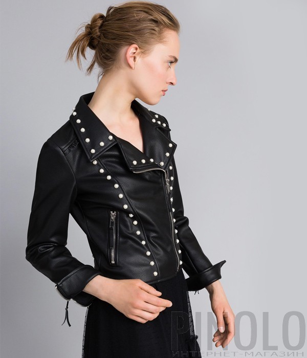 Черная байкерская куртка TWIN-SET PA82АА декорированная жемчужинами