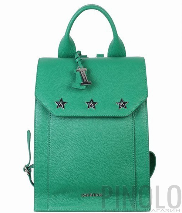 Зеленый кожаный рюкзак ICEBERG декорированный заклепками в виде звезд
