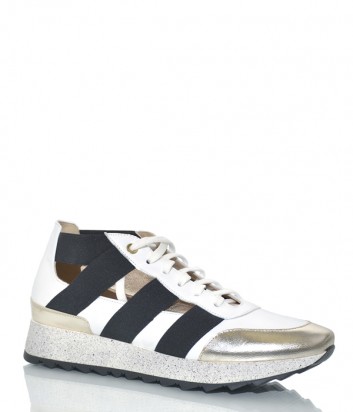 Золотисто-белые кожаные кроссовки Mot-Cle 0934 с черными эластичными вставками