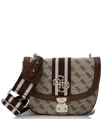 Текстильная сумка через плечо Guess 4210 с монограммой бренда коричневая