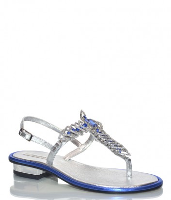 Кожаные сандалии Paola Fiorenza FB661 серебристые с голубыми камнями