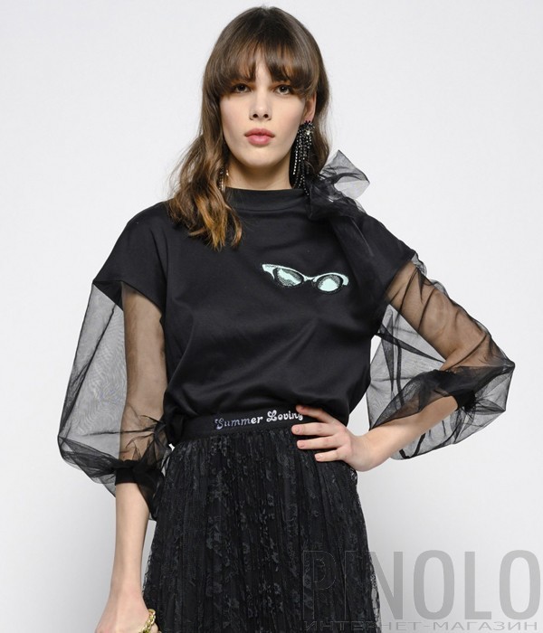 Черный укороченный свитшот PINKO 3U10H с рукавами из тюля